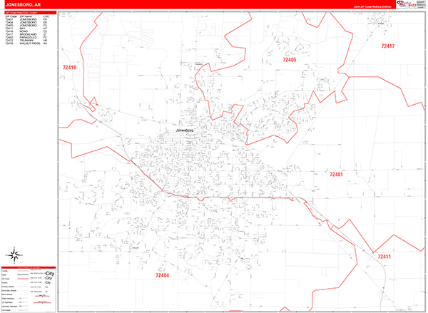 Jonesboro City Wall Map Red Line Style