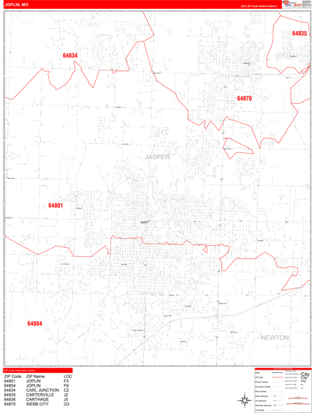 Joplin City Wall Map Red Line Style