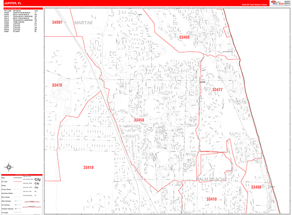 Jupiter City Wall Map Red Line Style
