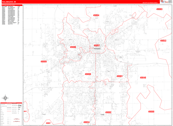 Kalamazoo City Wall Map Red Line Style