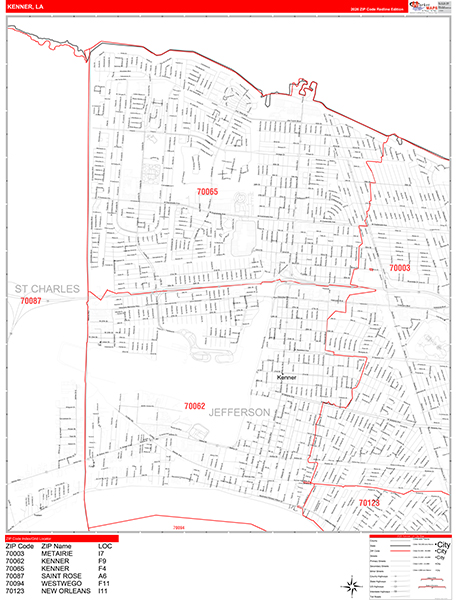 Kenner City Wall Map Red Line Style