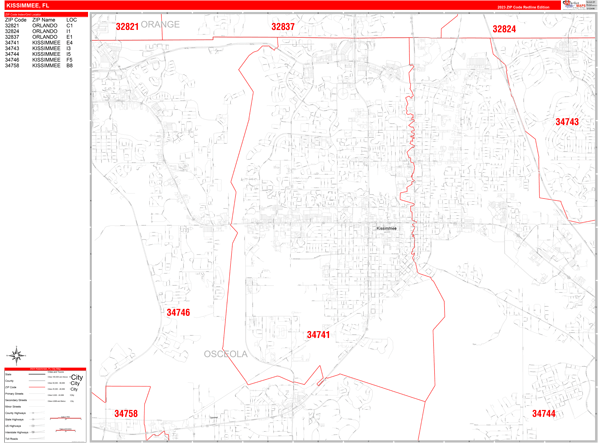 Kissimmee City Digital Map Red Line Style