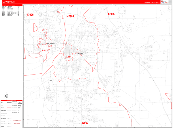 Lafayette City Digital Map Red Line Style