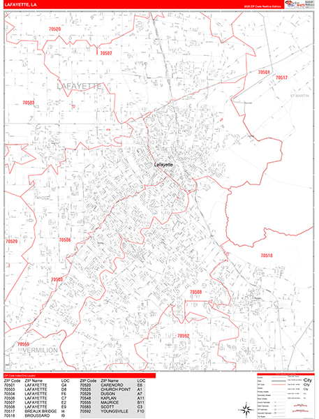 Lafayette City Wall Map Red Line Style