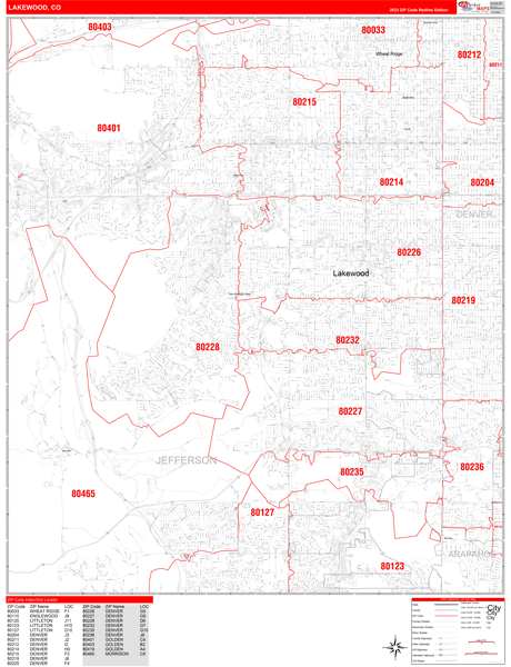 Lakewood City Wall Map Red Line Style