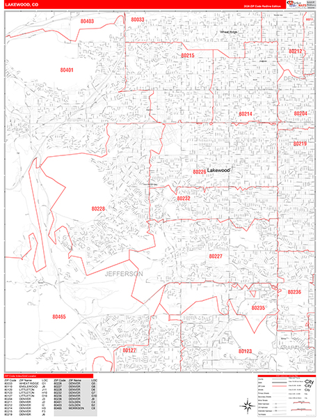 Lakewood City Wall Map Red Line Style