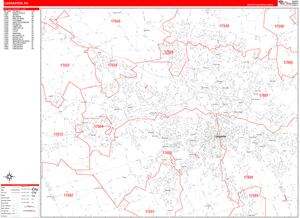 Lancaster City Wall Map Red Line Style