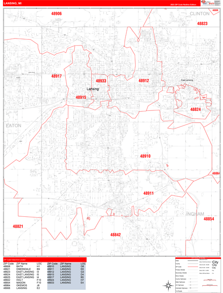 Lansing City Digital Map Red Line Style