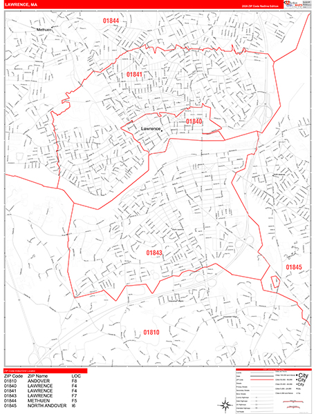 Lawrence City Wall Map Red Line Style