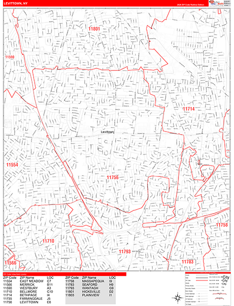 Levittown City Wall Map Red Line Style