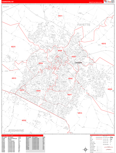 Lexington City Wall Map Red Line Style