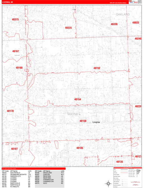 Livonia City Wall Map Red Line Style