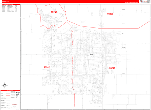 Lodi City Wall Map Red Line Style