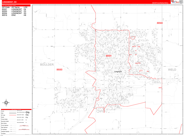 Longmont City Wall Map Red Line Style