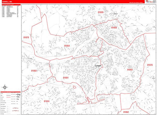 Lowell City Wall Map Red Line Style