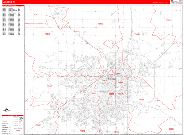 Lubbock City Wall Map Red Line Style