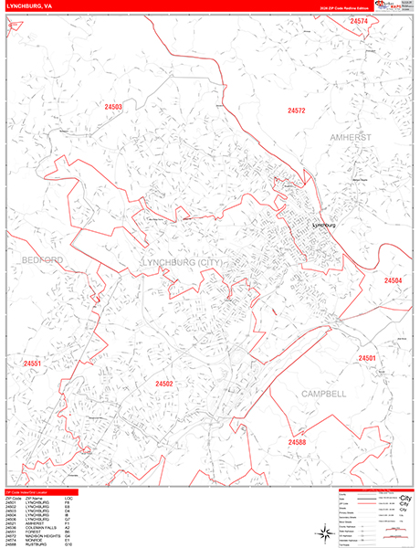 Lynchburg Wall Map Red Line Style