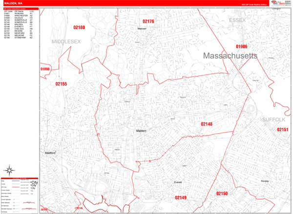 Malden City Wall Map Red Line Style