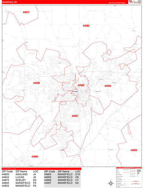 Mansfield City Digital Map Red Line Style