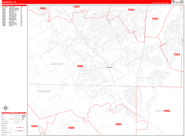 Mansfield City Digital Map Red Line Style