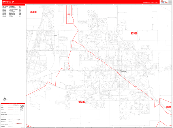 Manteca City Digital Map Red Line Style