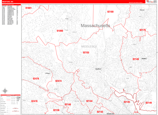 Medford City Wall Map Red Line Style