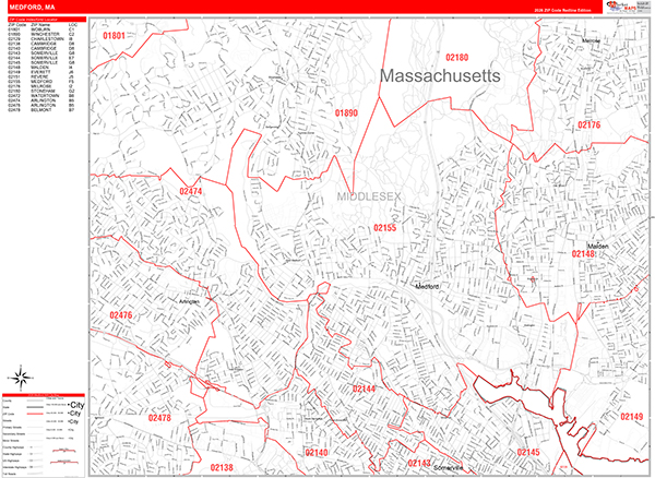 Medford City Wall Map Red Line Style