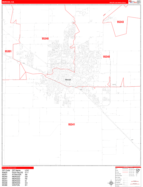 Merced City Wall Map Red Line Style