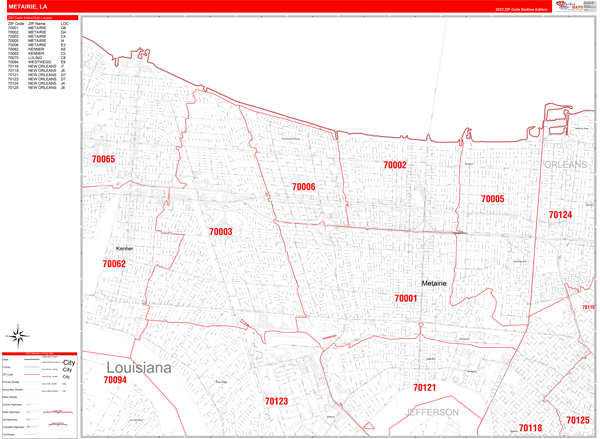 Metairie City Wall Map Red Line Style