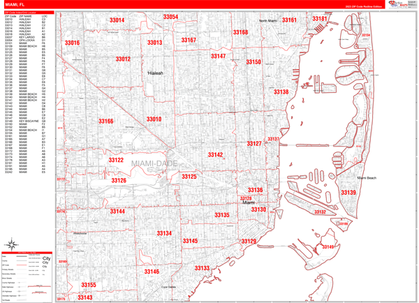 Miami City Wall Map Red Line Style