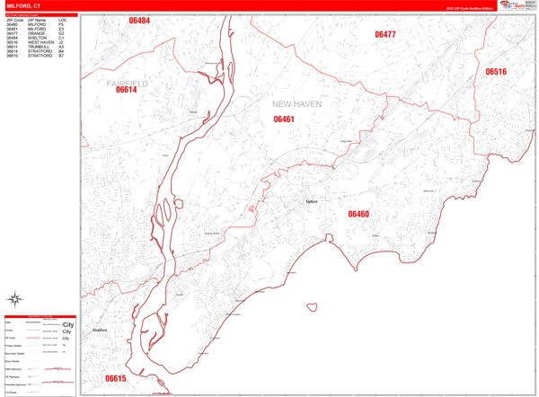 Milford City Wall Map Red Line Style