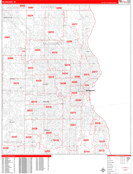Milwaukee City Wall Map Red Line Style