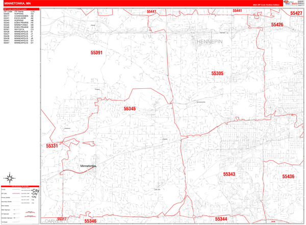 Minnetonka City Wall Map Red Line Style