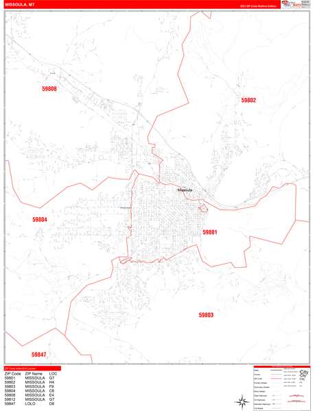 Missoula City Wall Map Red Line Style