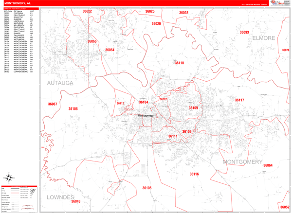 Montgomery City Wall Map Red Line Style