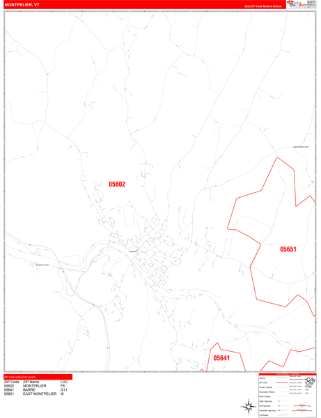 Montpelier City Digital Map Red Line Style