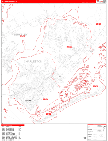 Mount Pleasant, SC Zip Code Wall Map - Red Line