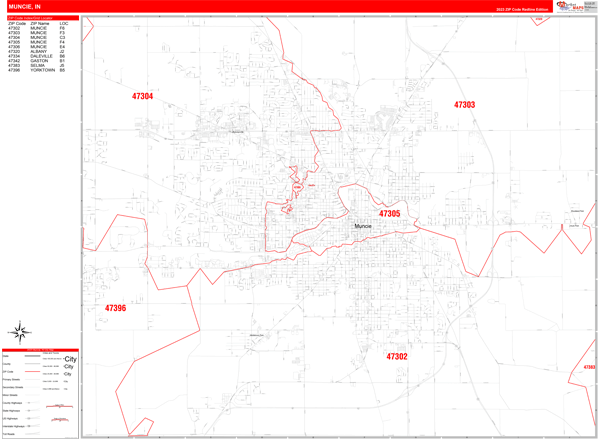 Muncie City Wall Map Red Line Style