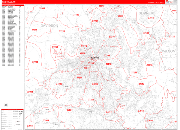 Nashville City Digital Map Red Line Style