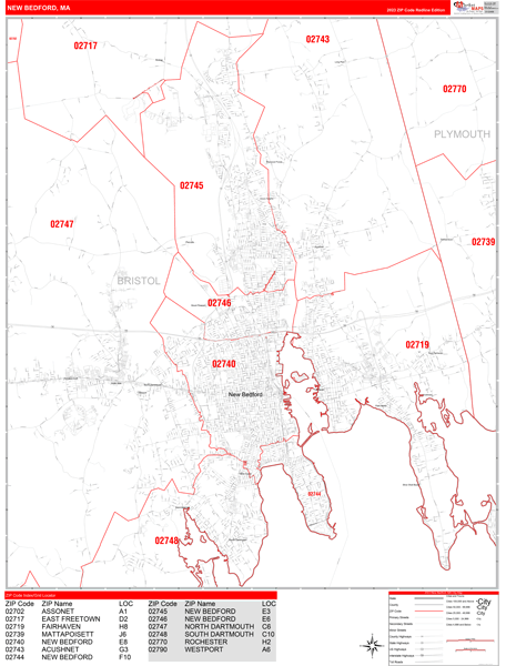 New Bedford Massachusetts 5 Digit Zip Code Maps - Premium