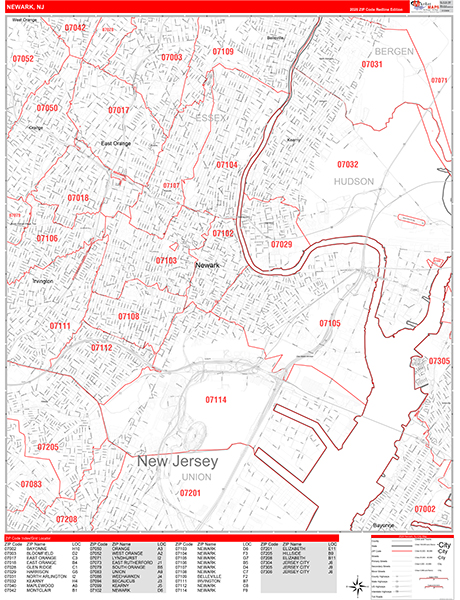 Newark City Wall Map Red Line Style