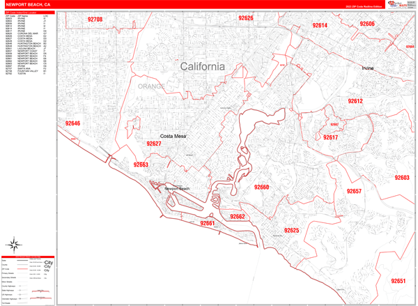 Newport Beach, CA Zip Code Wall Map - Red Line