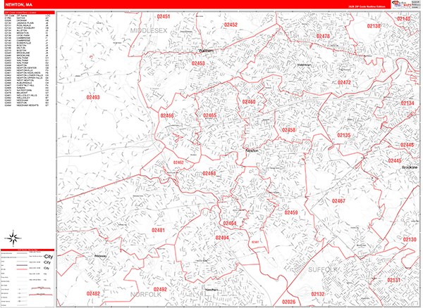 Newton City Wall Map Red Line Style