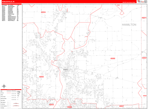 Noblesville City Wall Map Red Line Style