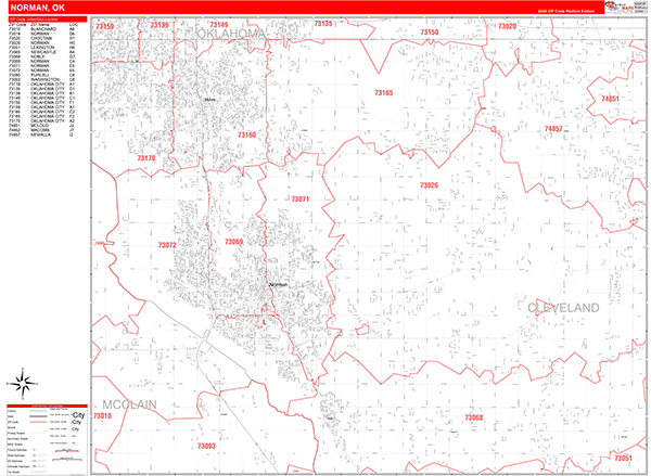 Norman City Wall Map Red Line Style