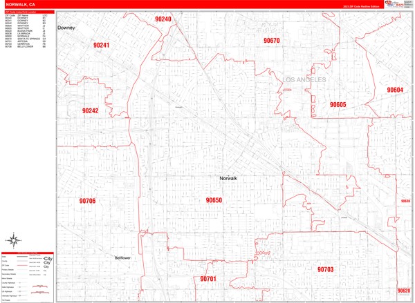 Norwalk City Wall Map Red Line Style
