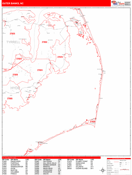 Outer Banks North Carolina 5 Digit Zip Code Maps - Premium