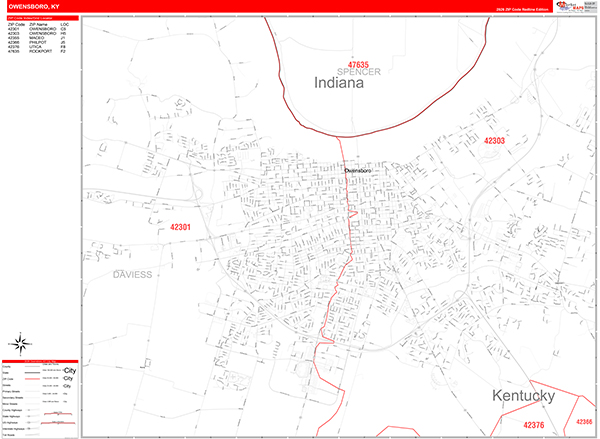 Owensboro City Wall Map Red Line Style