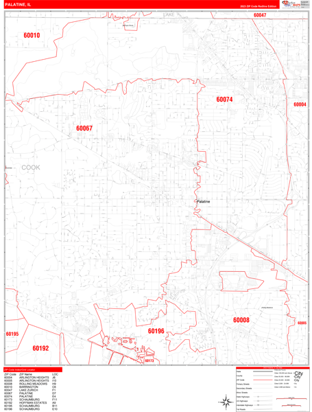 Palatine City Digital Map Red Line Style