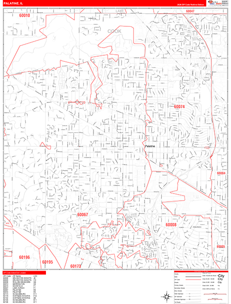 Palatine City Wall Map Red Line Style